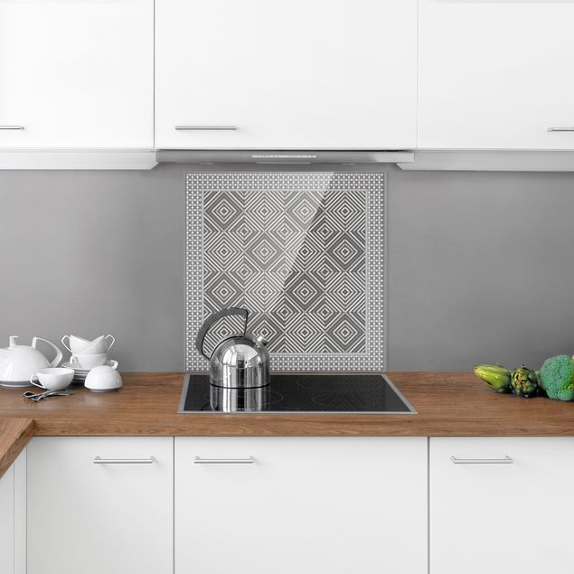 Painel anti-salpicos de cozinha padrões Geometrical Tiles Vortex Grey With Mosaic Frame
