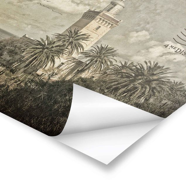 Posters praia Vintage Postcard With Lighthouse And Palm Trees