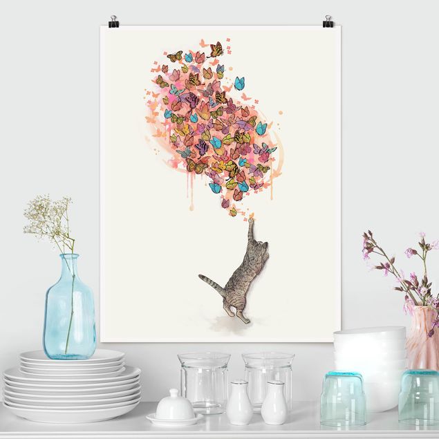 quadros com gatos Illustration Cat With Colourful Butterflies Painting
