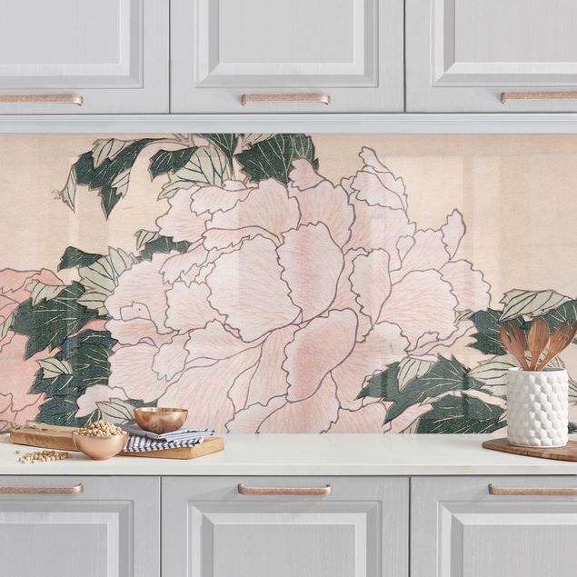 decoraçoes cozinha Katsushika Hokusai - Pink Peonies With Butterfly