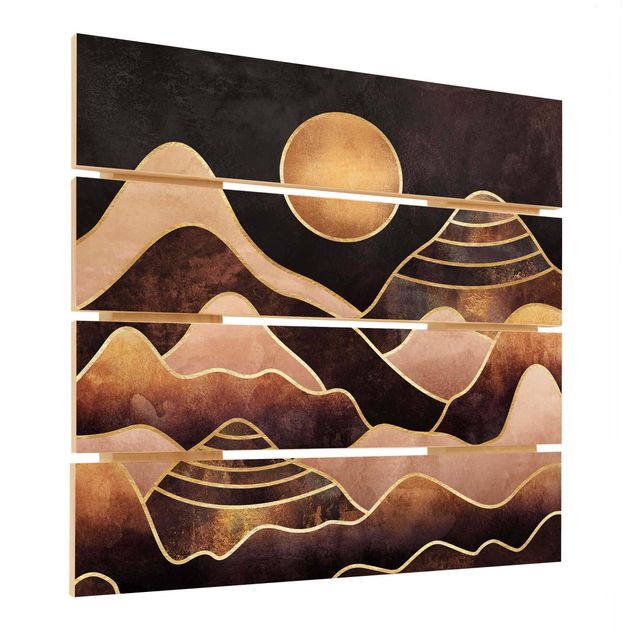quadros em madeira para decoração Golden Sun Abstract Mountains