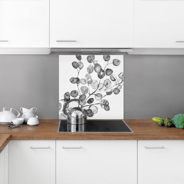 Painel anti-salpicos de cozinha flores Black And White Eucalyptus Twig Watercolour