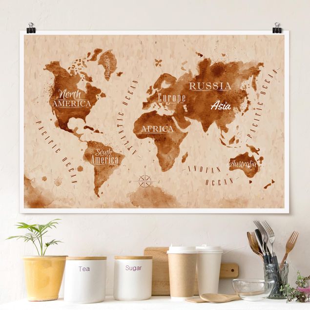 Posters mapa-múndi World Map Watercolour Beige Brown
