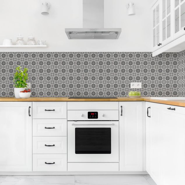 Backsplash de cozinha imitação azulejos Floral Tiles Black And White