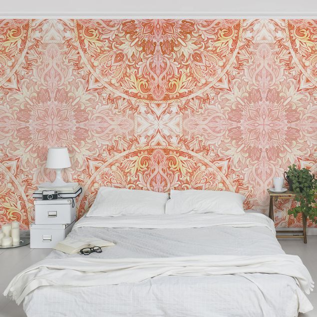 papel de parede para quarto de casal moderno Mandala Watercolour Ornament Orange