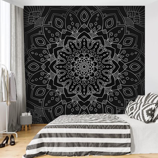 Papel de parede ornamental Mandala Flower Pattern Silver Black