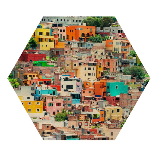 Quadros hexagonais Coloured Houses Front Guanajuato