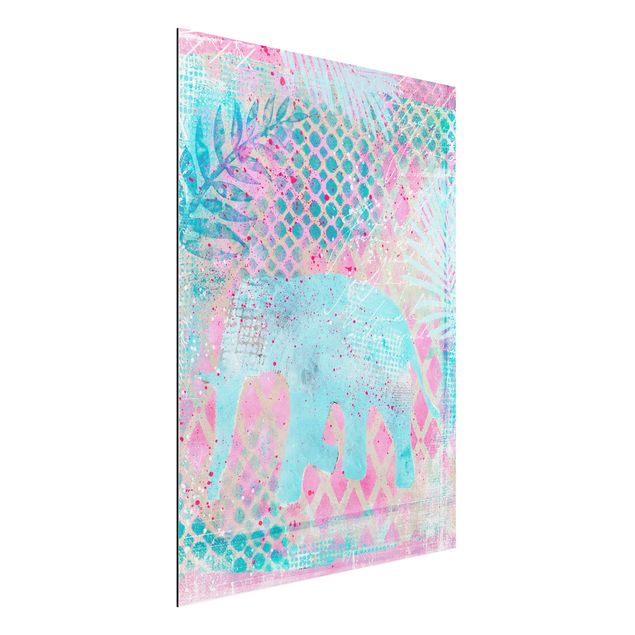decoraçao para parede de cozinha Colourful Collage - Elephant In Blue And Pink