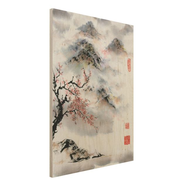 decoraçao para parede de cozinha Japanese Watercolour Drawing Cherry Tree And Mountains