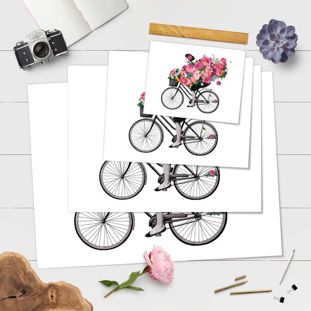 poster decoração Illustration Woman On Bicycle Collage Colourful Flowers