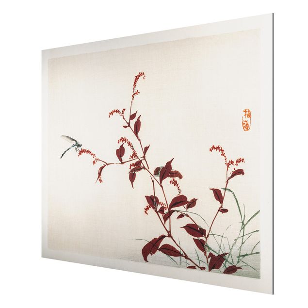 quadros de flores Asian Vintage Drawing Red Branch With Dragonfly