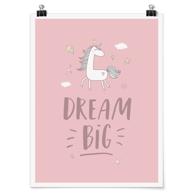 quadro com frases inspiradoras Dream big Unicorn