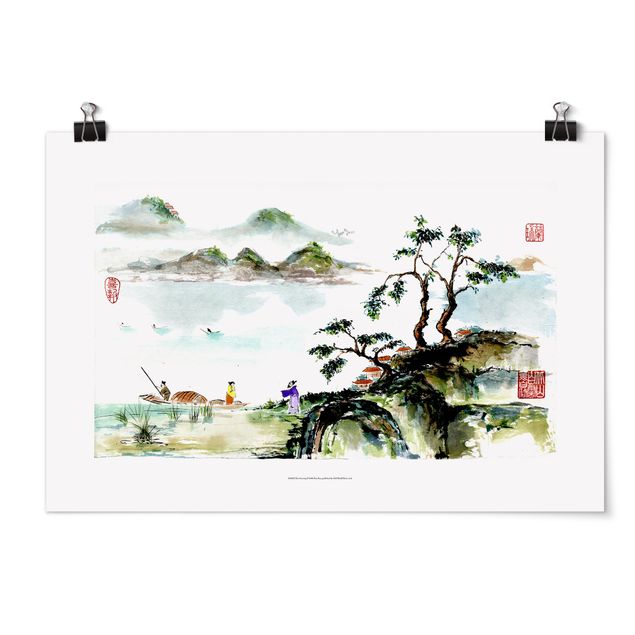 poster retro Japanese Watercolour Drawing Lake And Mountains