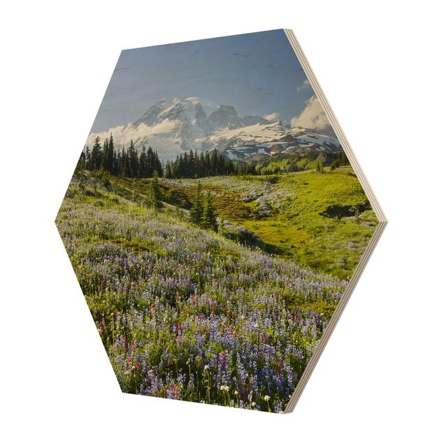 quadro de madeira para parede Mountain Meadow With Red Flowers in Front of Mt. Rainier