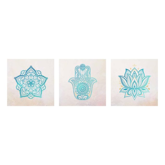 Quadros padrões Mandala Hamsa Hand Lotus Set Gold Blue