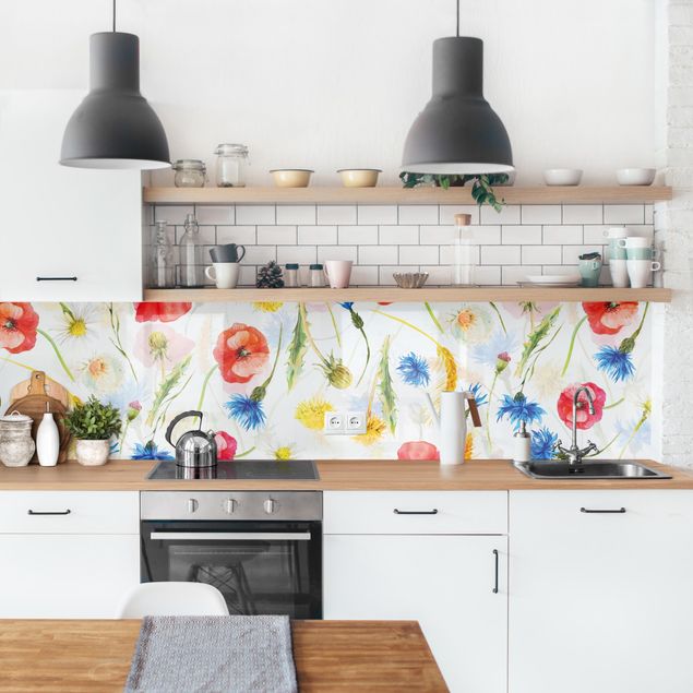 Backsplash de cozinha flores Watercolour Wild Flowers With Poppies