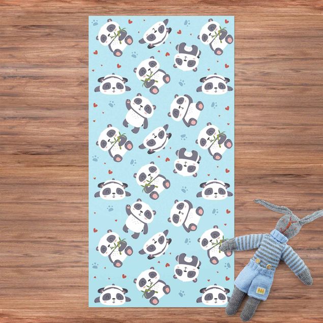 Tapete para varandas Cute Panda With Paw Prints And Hearts Pastel Blue