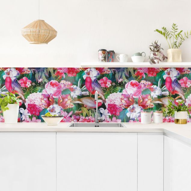 Backsplash de cozinha flores Colourful Tropical Flowers With Birds Pink