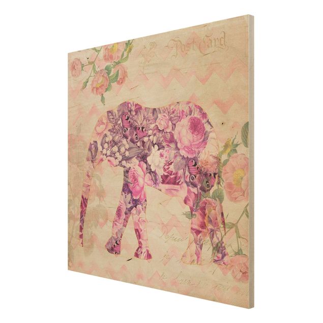 Quadros em madeira vintage Vintage Collage - Pink Flowers Elephant