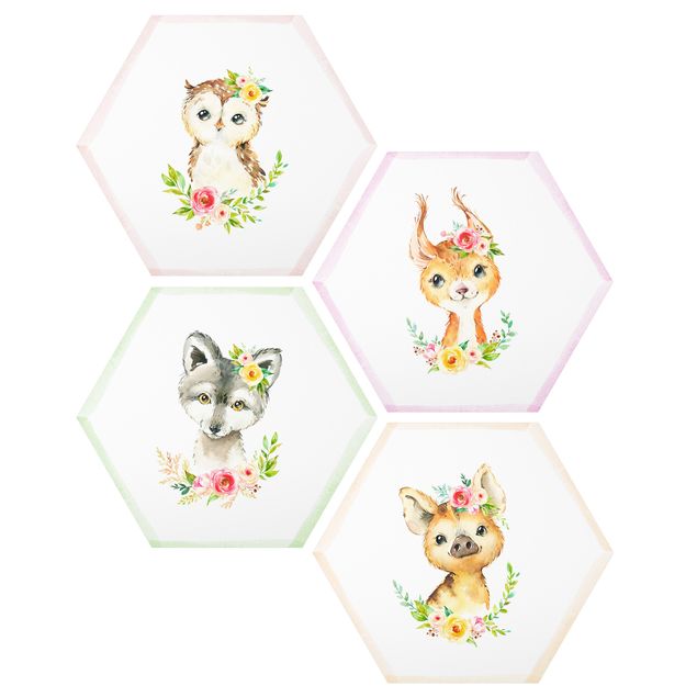 Quadros modernos Watercolour Forest Animals With Flowers Set IV