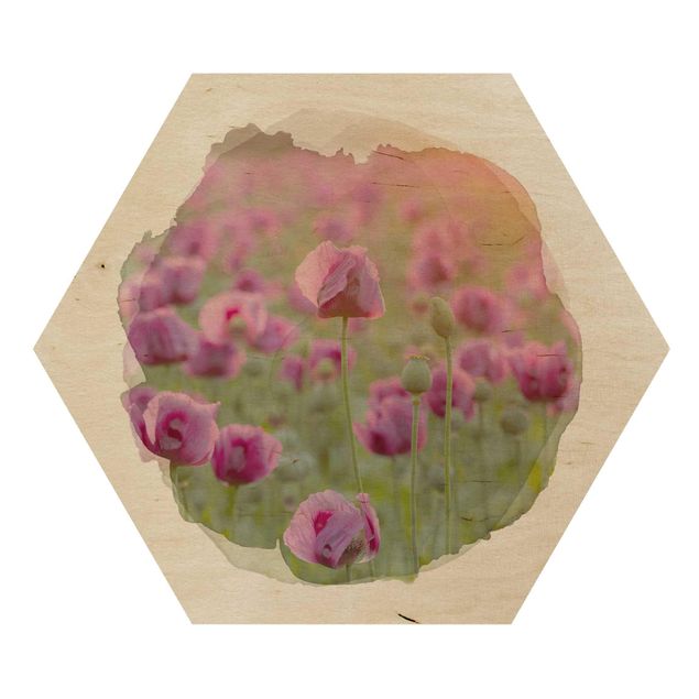 Quadros em madeira WaterColours - Violet Poppy Flowers Meadow In Spring