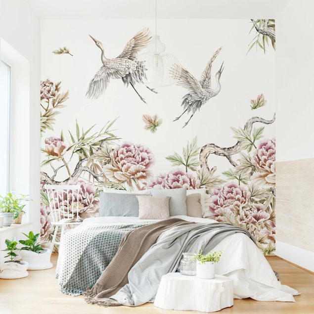 Papel de parede com pássaros Watercolour Storks In Flight With Roses