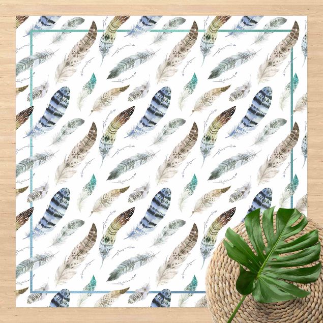 Tapete para varandas Boho Watercolour Feathers In Earthy Colours With Frame