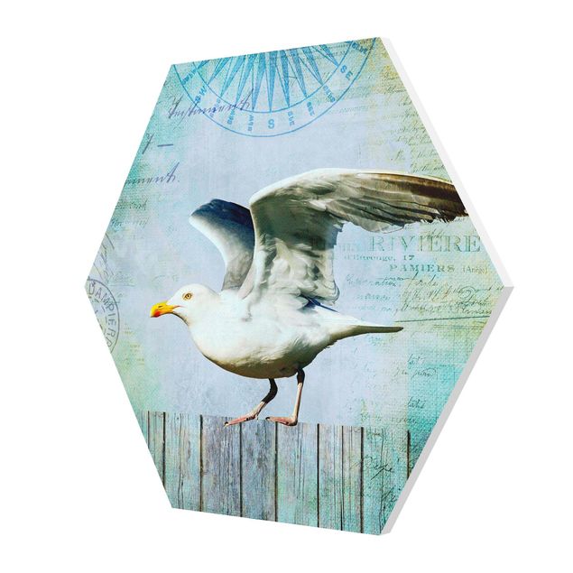 quadros azuis Vintage Collage - Seagull On Wooden Planks