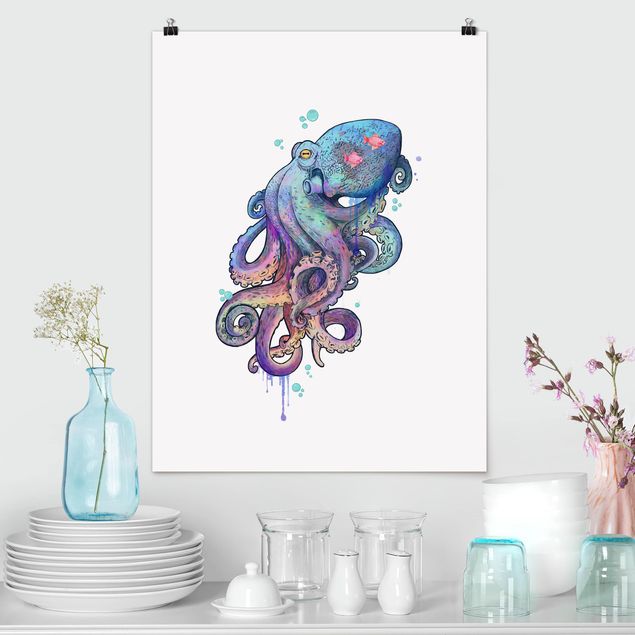decoraçao para parede de cozinha Illustration Octopus Violet Turquoise Painting