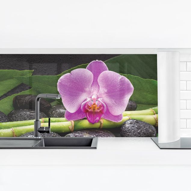 painel anti salpicos cozinha Green Bamboo With Orchid Flower