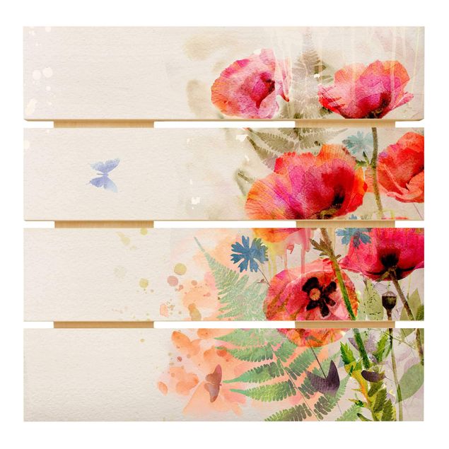 quadro de madeira para parede Watercolour Flowers Poppy
