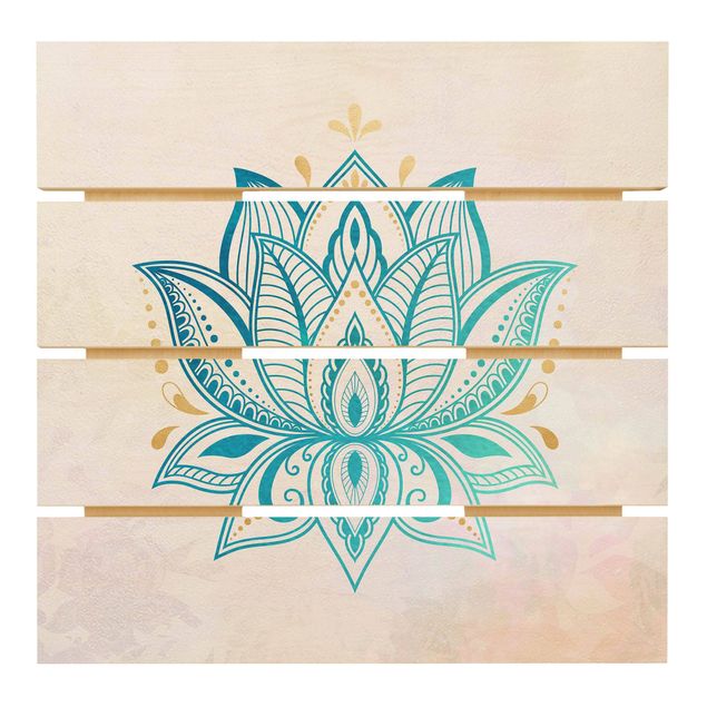 Quadros em madeira Lotus Illustration Mandala Gold Blue