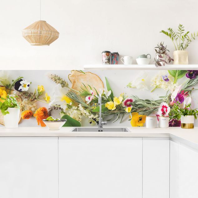 Backsplash de cozinha flores Fresh Herbs With Edible Flowers