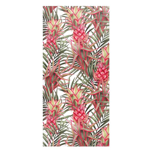 Quadros magnéticos flores Red Pineapple With Palm Leaves Tropical