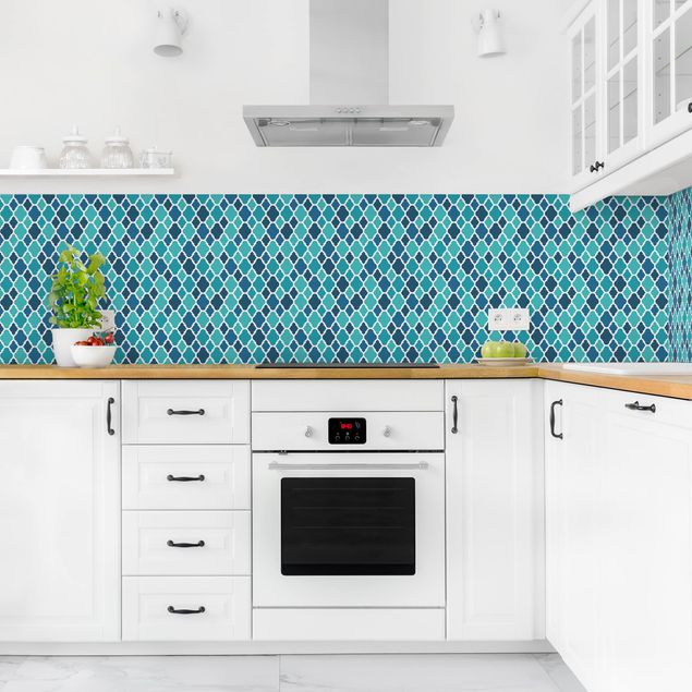 Backsplash de cozinha imitação azulejos Oriental Patterns With Turquoise Ornaments