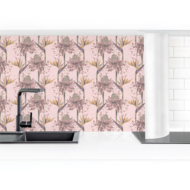 backsplash cozinha Floral Elegance Vintage Strelitzia On Pink Backdrop XXL