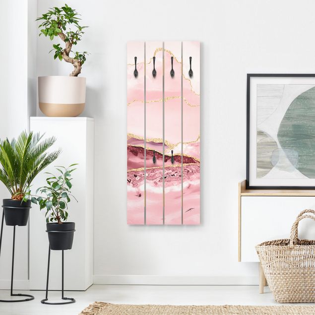 Cabides de parede imitação madeira Abstract Mountains Pink With Golden Lines