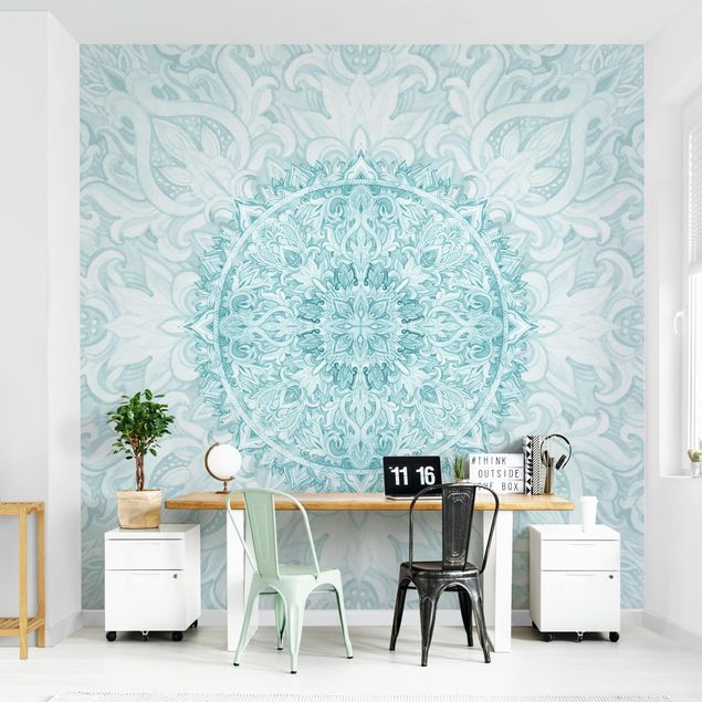 Papel de parede ornamental Mandala Watercolour Ornament Turquoise