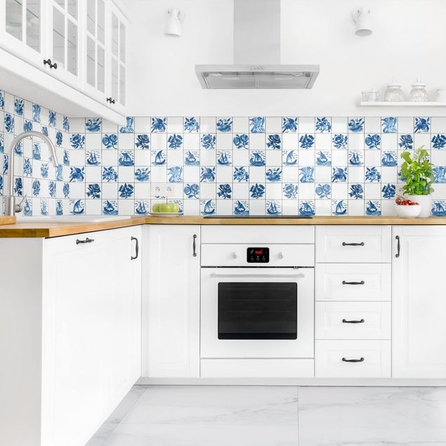Backsplash de cozinha imitação azulejos Hand Painted Tiles With Flowers, Ships And Birds