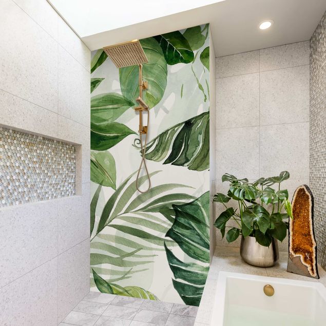 Revestimento de parede para duche Watercolour Tropical Leaves And Tendrils