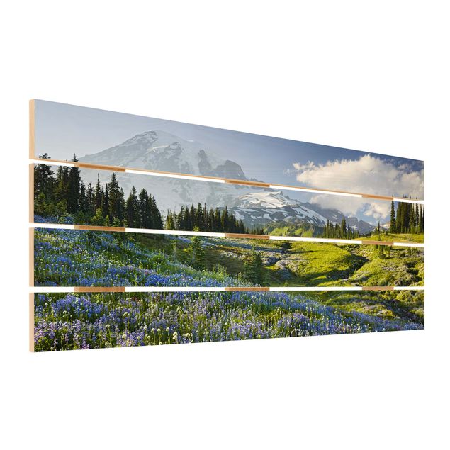 Quadros decorativos Mountain Meadow With Blue Flowers in Front of Mt. Rainier