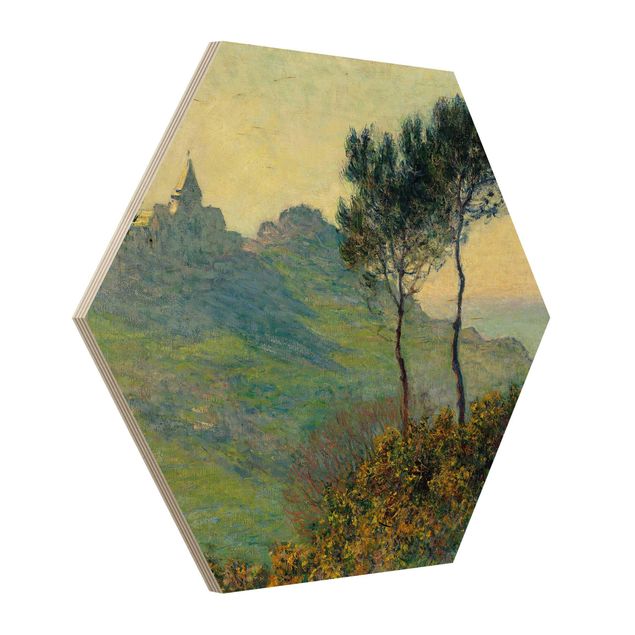 Quadros em madeira paisagens Claude Monet - The Church Of Varengeville At Evening Sun