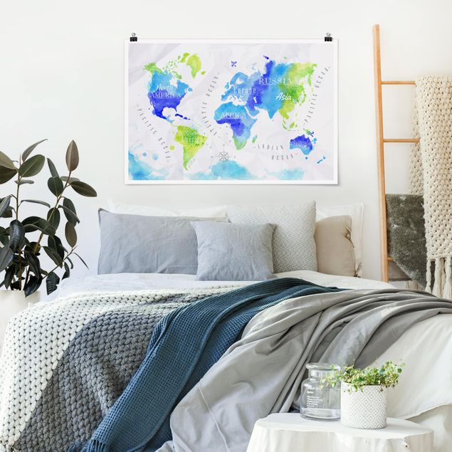 Posters mapa-múndi World Map Watercolour Blue Green