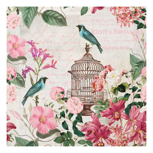 Quadros florais Shabby Chic Collage - Pink Flowers And Blue Birds