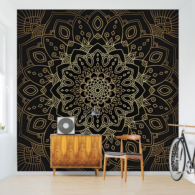 papel de parede para quarto de casal moderno Mandala Flower Pattern Gold Black