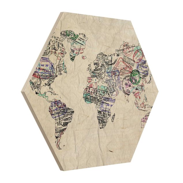 quadro de madeira para parede Passport Stamp World Map