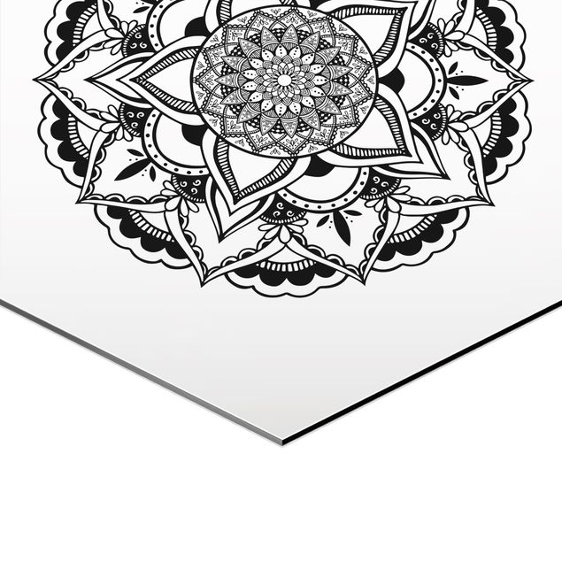 Quadros hexagonais Mandala Flower Sun Illustration Set Black And White