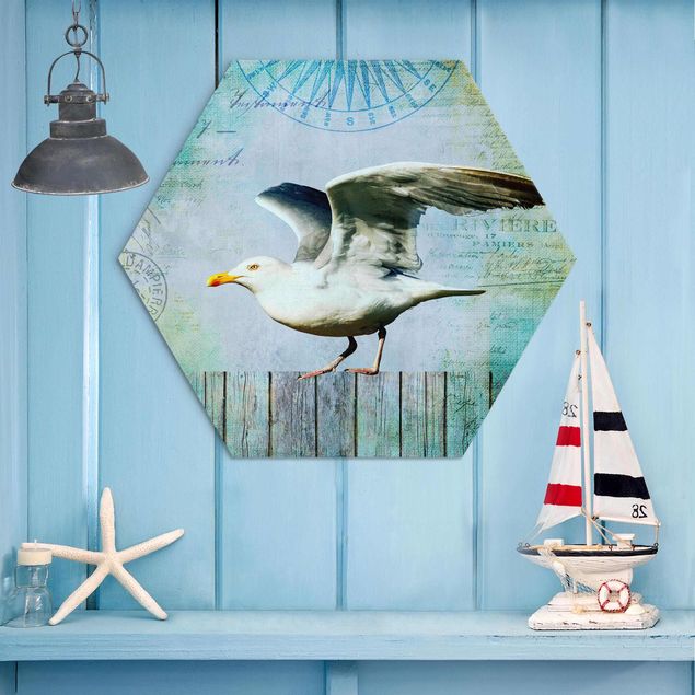 decoraçao cozinha Vintage Collage - Seagull On Wooden Planks