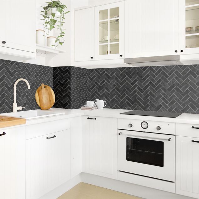 Backsplash de cozinha imitação azulejos Marble Fish Bone Tiles - Black Grey Joints
