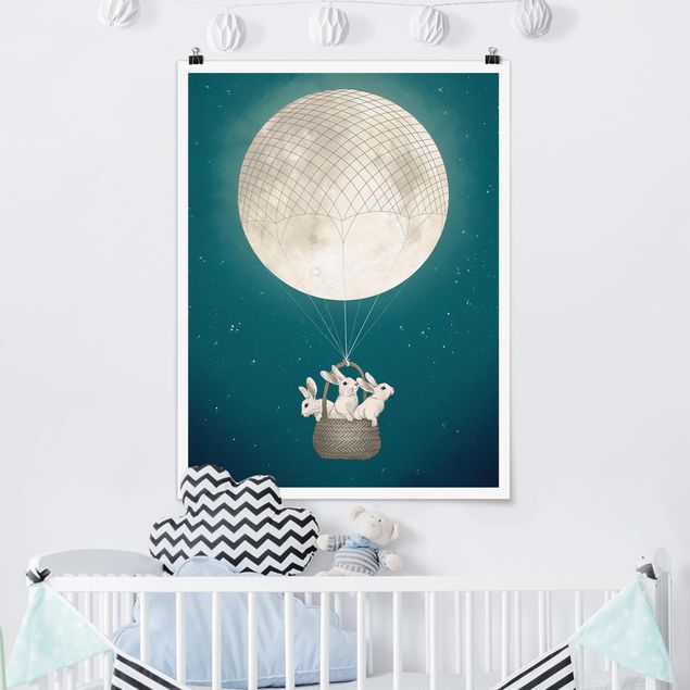 decoraçao para parede de cozinha Illustration Rabbits Moon As Hot-Air Balloon Starry Sky